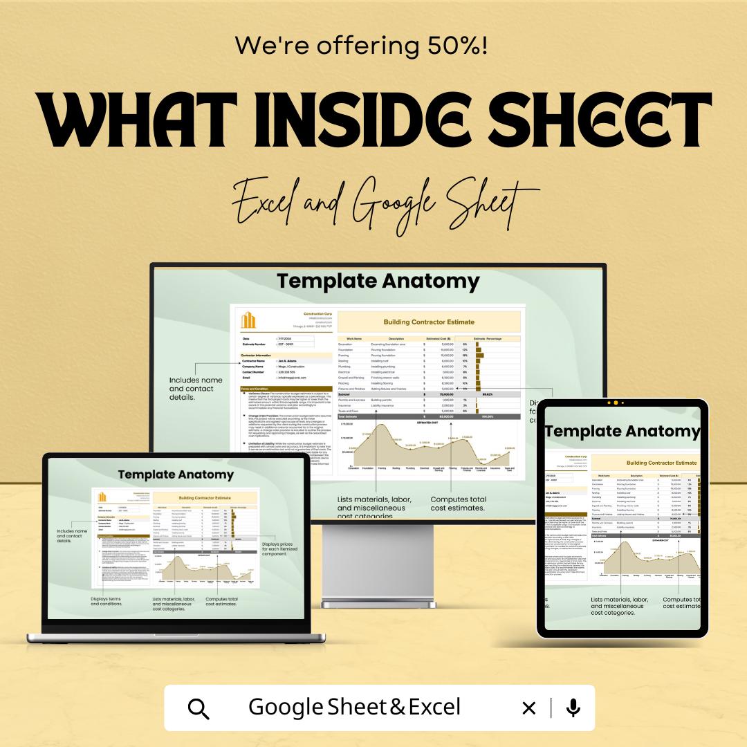 Building Contractor Estimate Sheet | Editable Excel & Google Sheet | Construction Budgeting Template | Project Cost Estimator