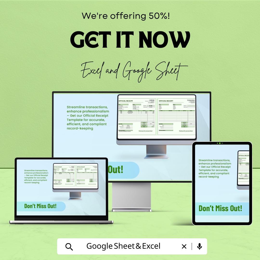 Official Receipt Sheet Template | Payment Tracker | Business Invoice | Downloadable Receipt Format | Customizable Receipt Sheet