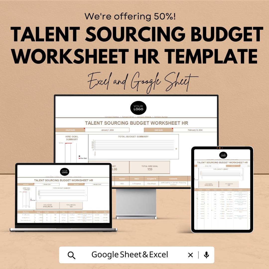Talent Sourcing Budget Worksheet HR Template | Excel and Google Sheets | Recruitment Cost Tracker | Hiring Budget Planner | HR Expense