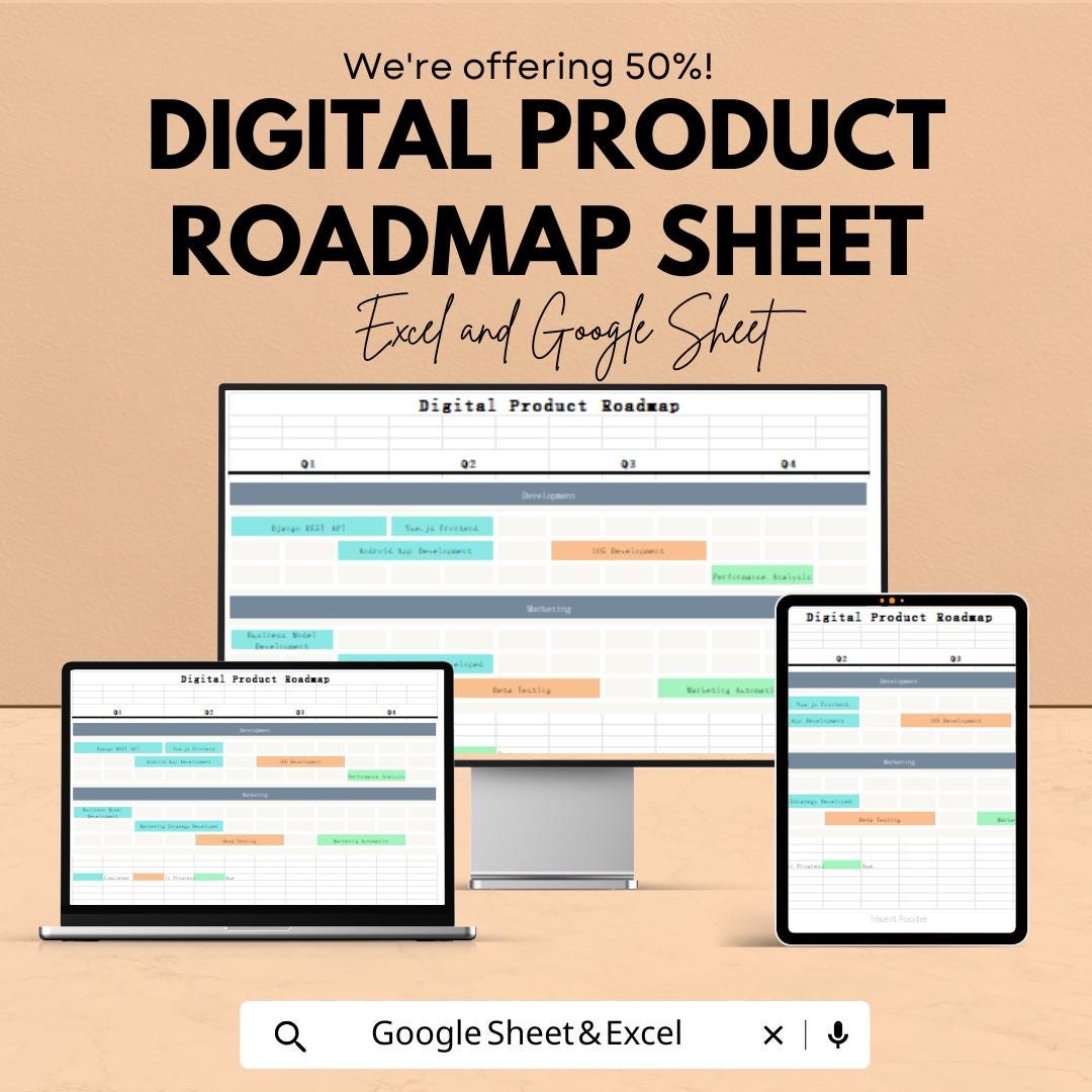 Digital Product Roadmap Sheet | Excel and Google Sheet | Roadmap Template for Digital Product Development | Project Timeline Planner