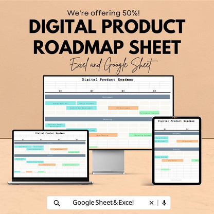 Digital Product Roadmap Sheet | Excel and Google Sheet | Roadmap Template for Digital Product Development | Project Timeline Planner