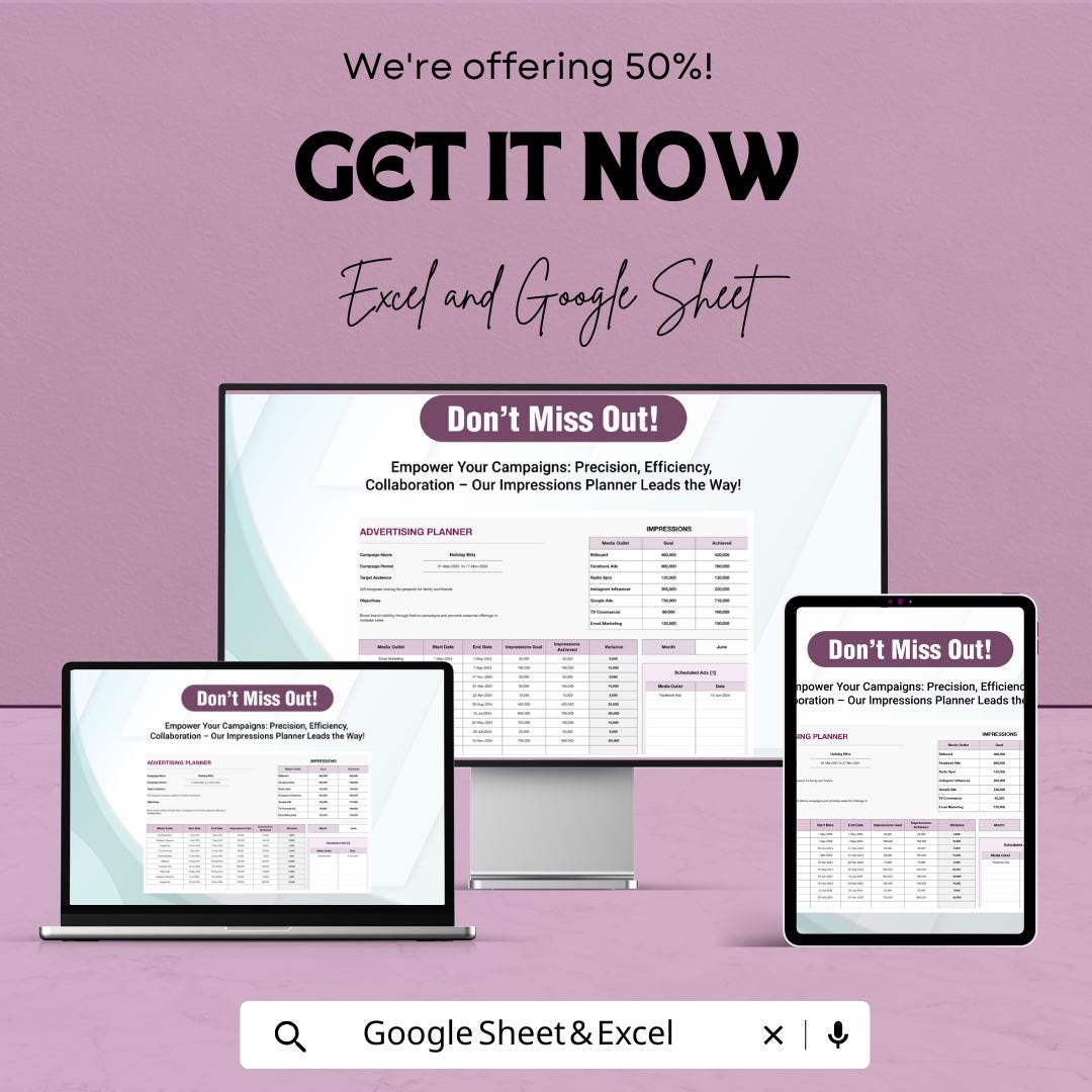 Advertising Impressions Planner Sheet | Advertising Budget Tracker | Google Sheet & Excel | Campaign Planning Tool | Marketing Planner