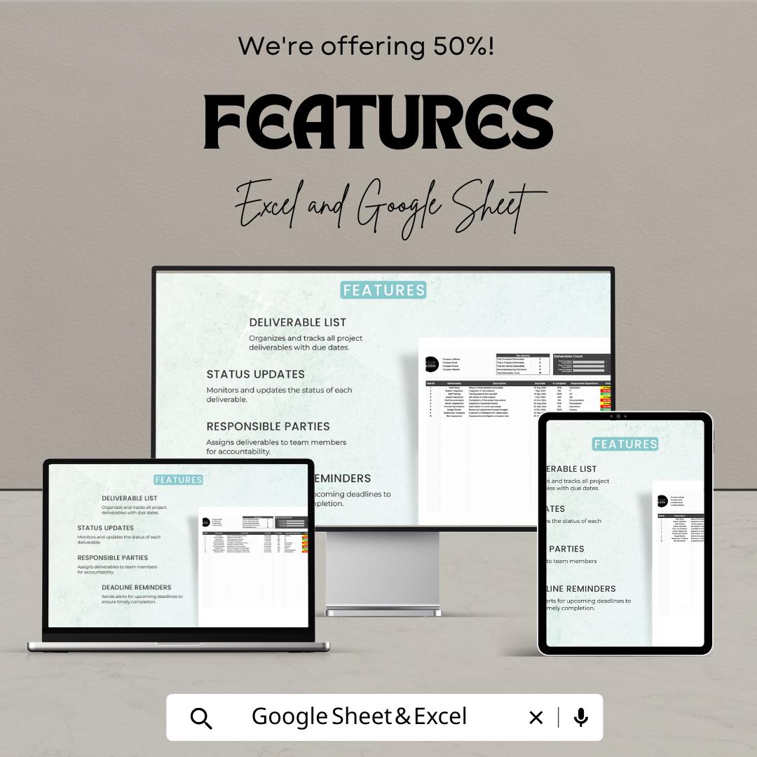 Operations Project Deliverables Tracker Template | Project Management Log | Task and Milestone Tracker | Excel & Google Sheets
