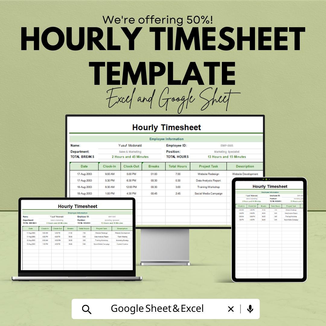 Hourly Timesheet Template | Excel and Google Sheets | Employee Work Hours Tracker | Time Log Sheet | Payroll Timesheet Form