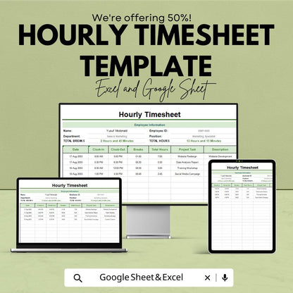 Hourly Timesheet Template | Excel and Google Sheets | Employee Work Hours Tracker | Time Log Sheet | Payroll Timesheet Form