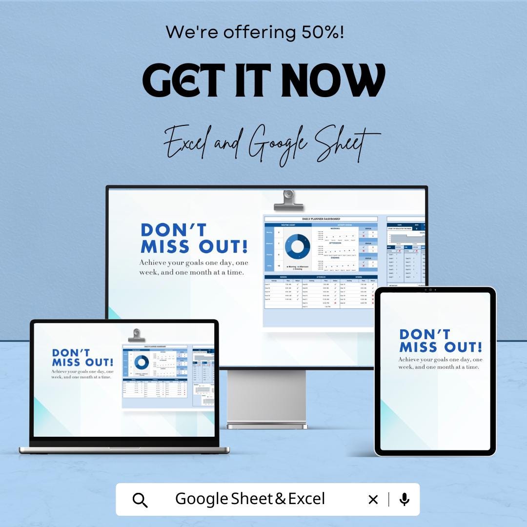 Daily, Weekly, Monthly Planner Sheet | Excel and Google Sheets Template | Task Management, Goal Setting & Scheduling Tool