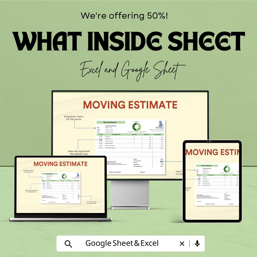 Moving Estimate Sheet - Excel and Google Sheets | Moving Cost Calculator | Moving Estimate Template | Household & Office Move | 50% OFF