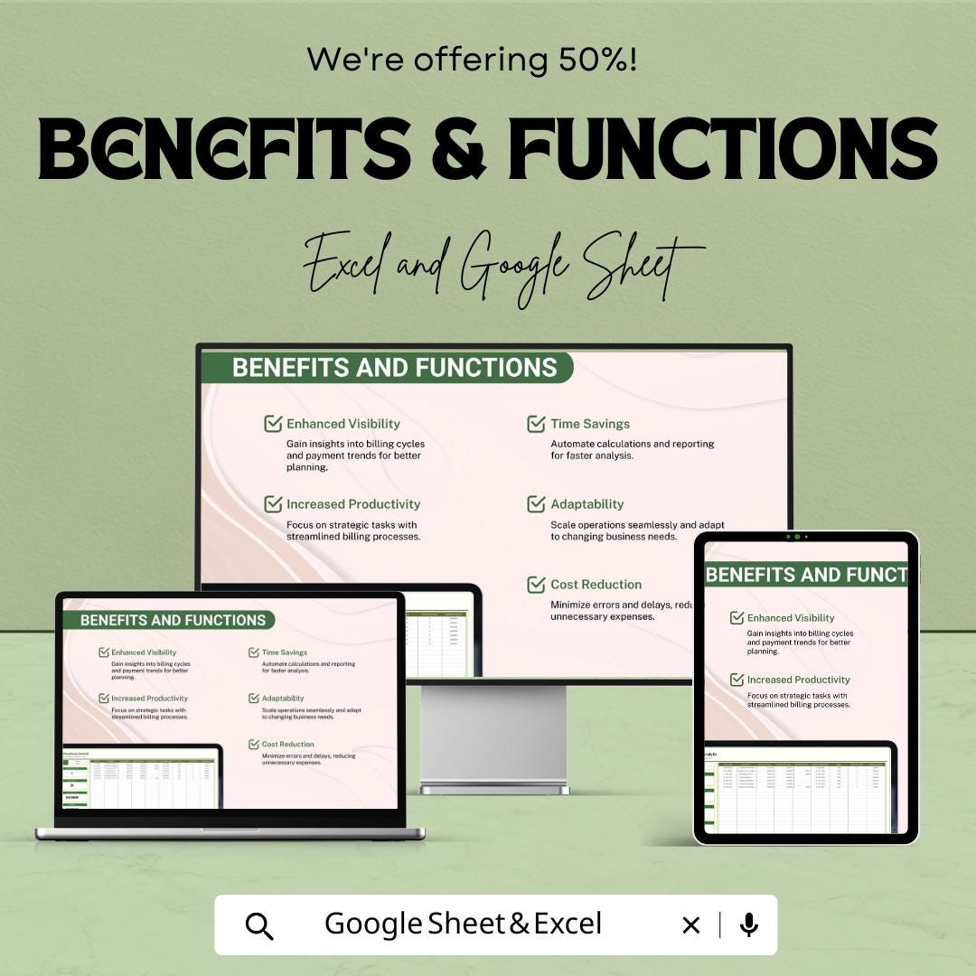 Finance Billing Efficiency Analysis Template | Billing Tracker Spreadsheet | Cash Flow Reporting Sheet | Financial Analysis Tool