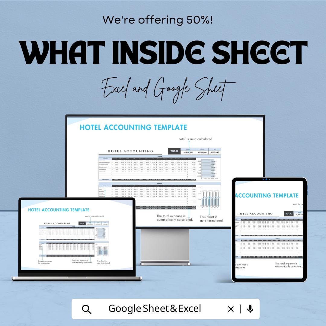 Hotel Accounting Template | Hotel Finance Tracker | Room Revenue & Expense Log | Hospitality Accounting Spreadsheet
