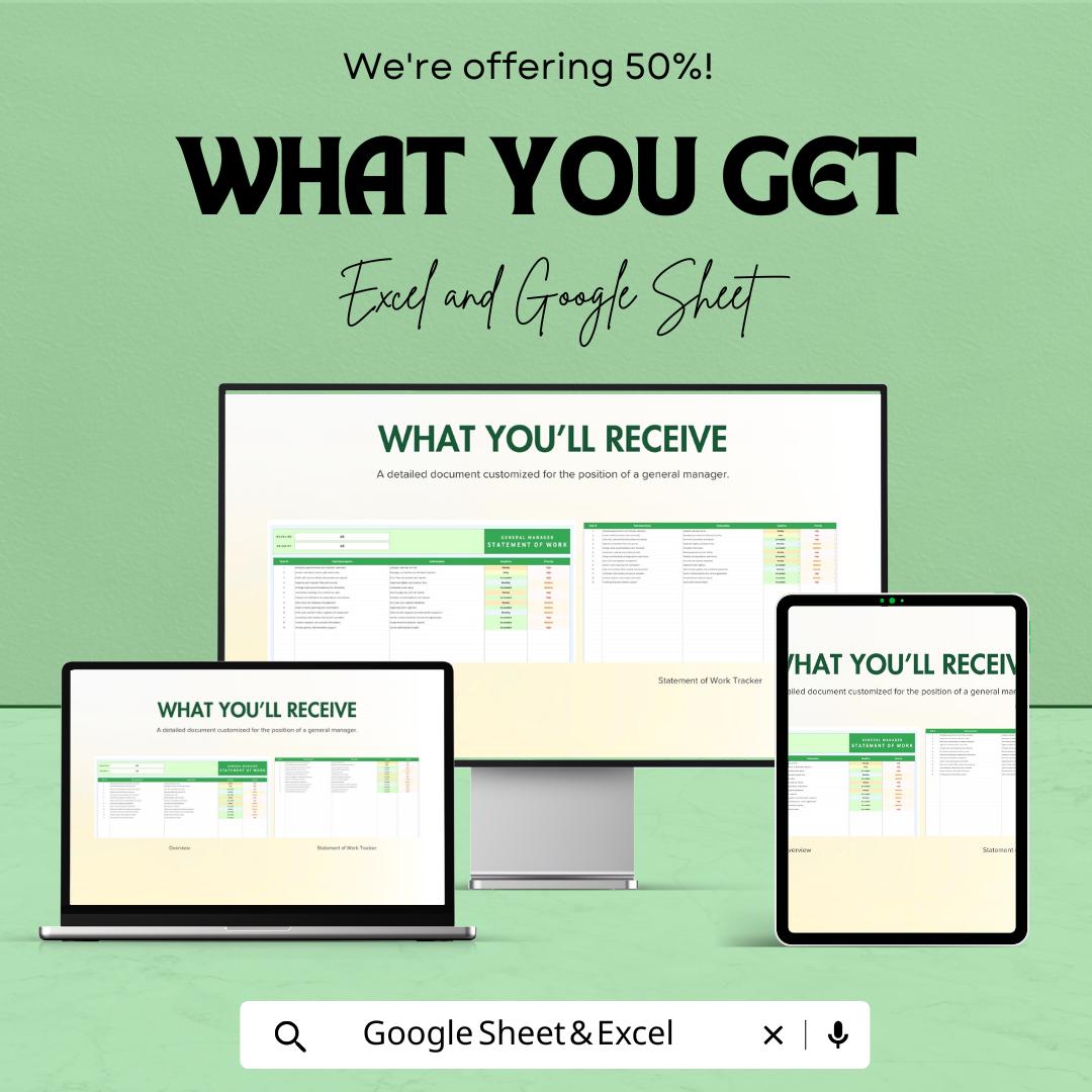 General Manager Statement of Work Template for Excel & Google Sheets – 50% Off – Professional Work Tracker for Managers