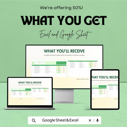 General Manager Statement of Work Template for Excel & Google Sheets – 50% Off – Professional Work Tracker for Managers