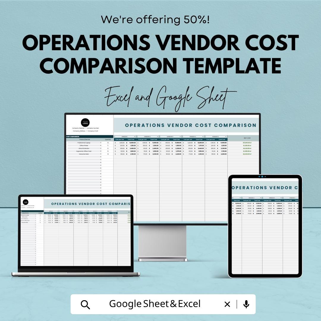 Operations Vendor Cost Comparison Template | Supplier Price Analysis Spreadsheet | Procurement Budget Tracker | Vendor Evaluation Sheet |
