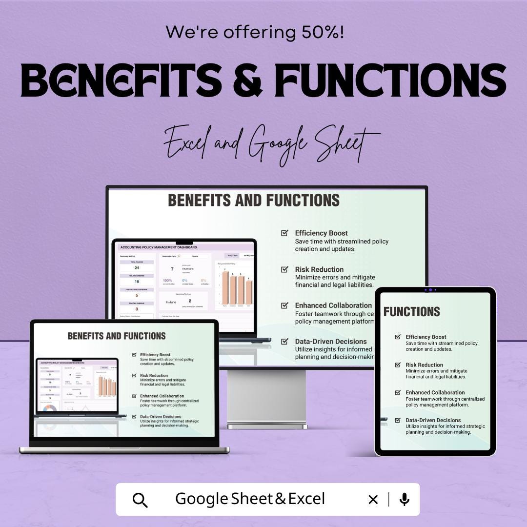 Accounting Policy Management Dashboard Template | Policy Tracker | Compliance Dashboard | Finance Spreadsheet | Editable Template