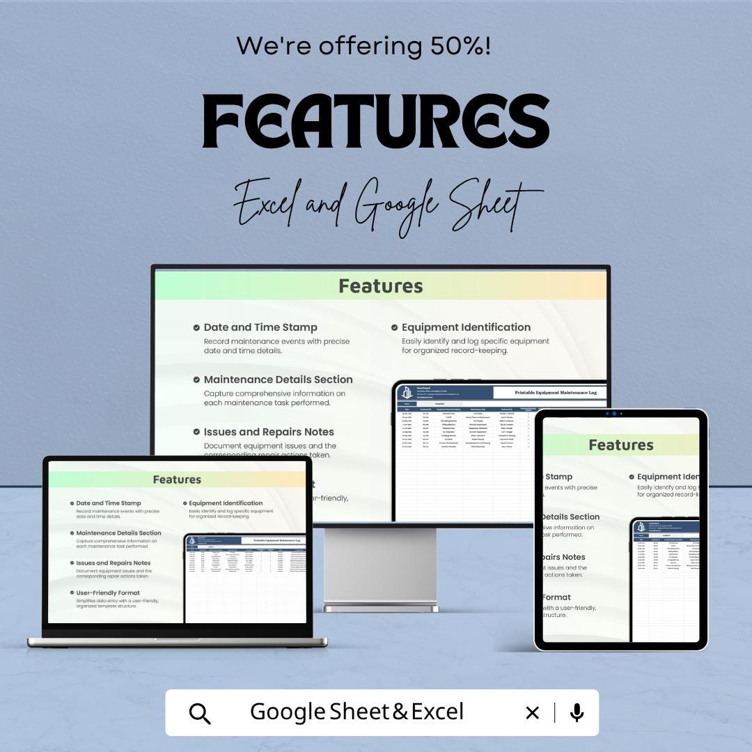 Equipment Maintenance Log Template | Preventive Maintenance Checklist | Maintenance Record Sheet | Excel & Google Sheets | Equipment Service