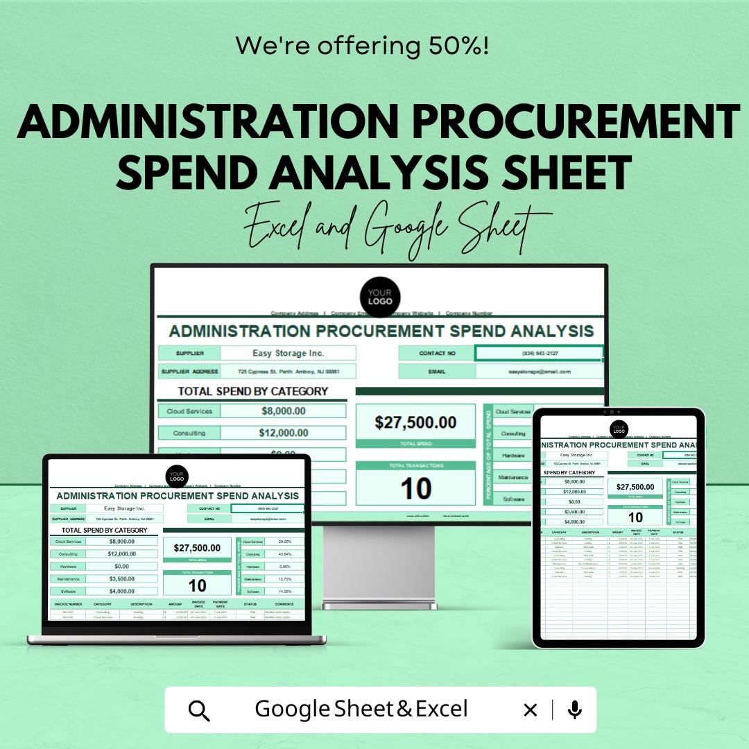 Administration Procurement Spend Analysis Sheet | Procurement | Google Sheet Template | Expense Tracker & Budget Planner for Businesses