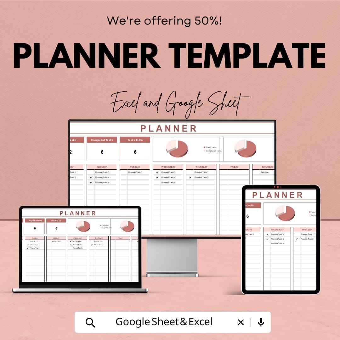 Planner Template | Google Sheets & Excel | Task Organizer | Daily Weekly Monthly Planner | Productivity Tracker | Editable Schedule