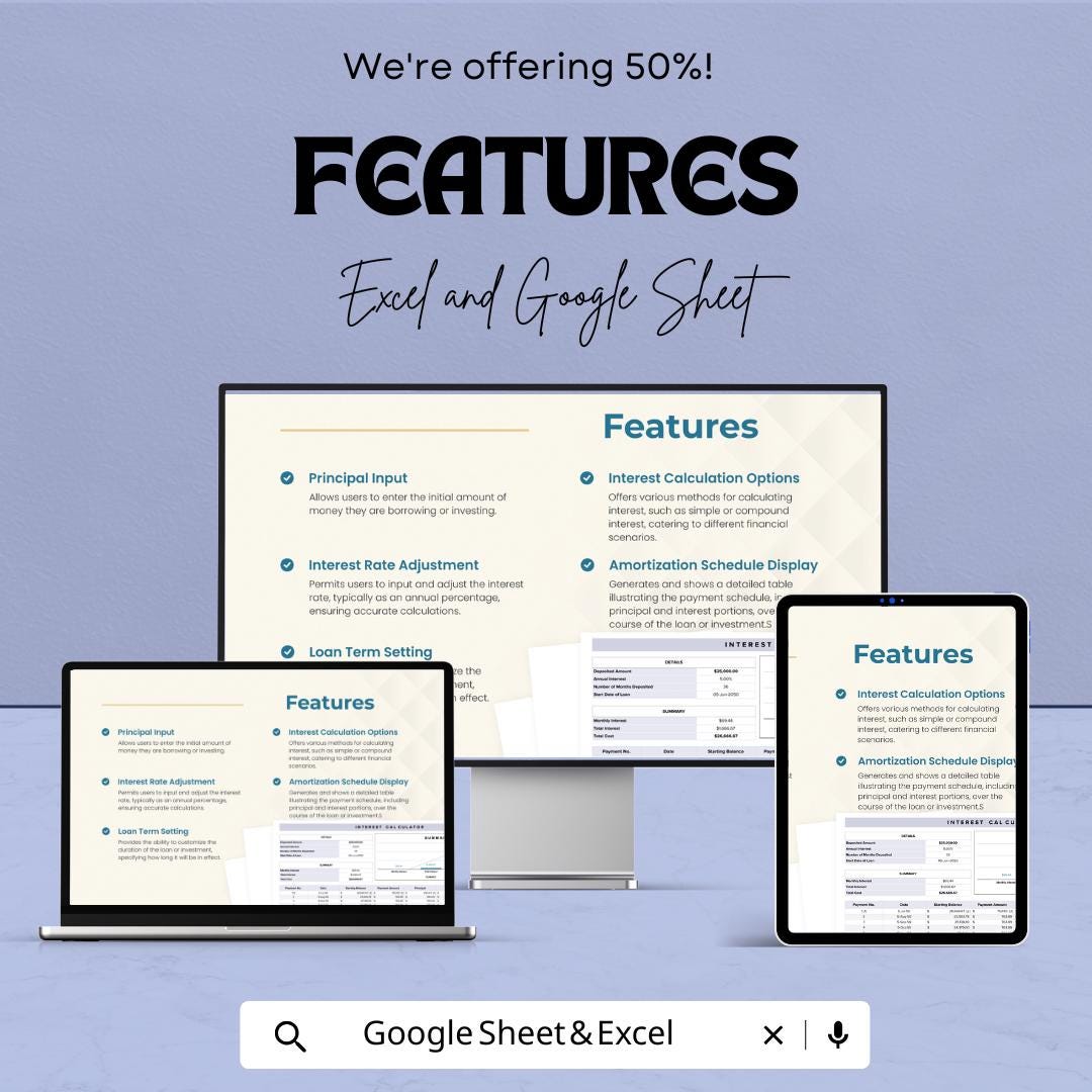 Interest Calculator Sheet | Excel and Google Sheet Template for Financial Loan & Investment Calculations | 50% Off Now
