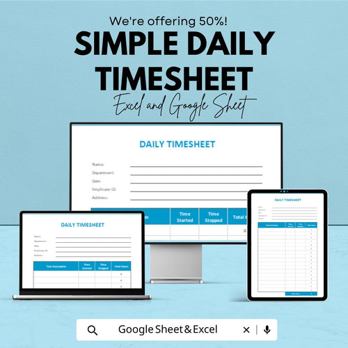 Simple Daily Timesheet Template for Excel & Google Sheets | Time Tracking | Instant Download | 50% Off