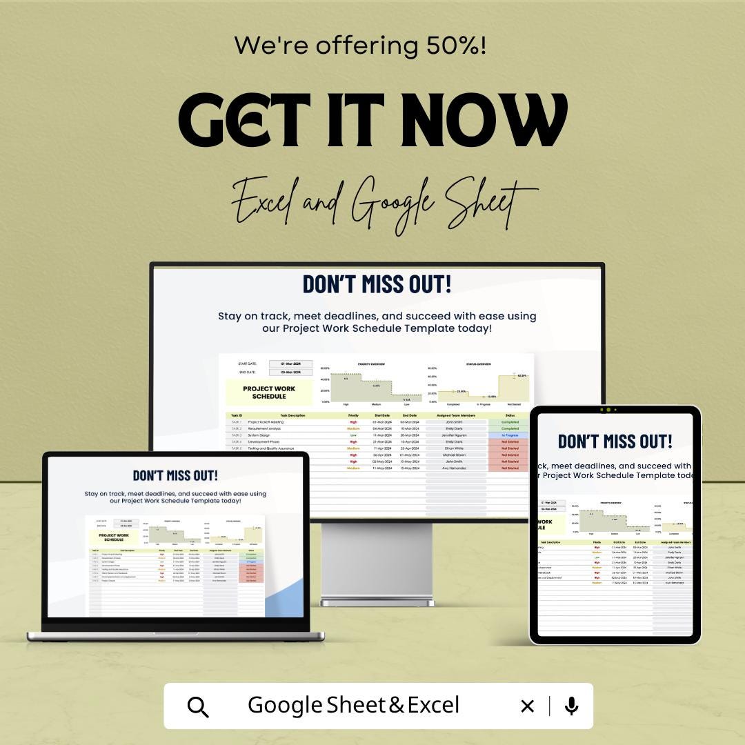 Project Work Schedule Template | Project Planner Spreadsheet | Task Tracker | Timeline Planner | Excel & Google Sheets | Project Management