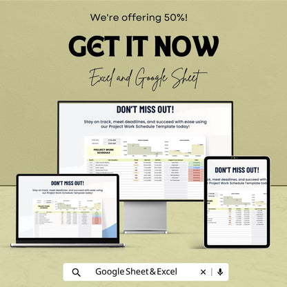 Project Work Schedule Template | Project Planner Spreadsheet | Task Tracker | Timeline Planner | Excel & Google Sheets | Project Management