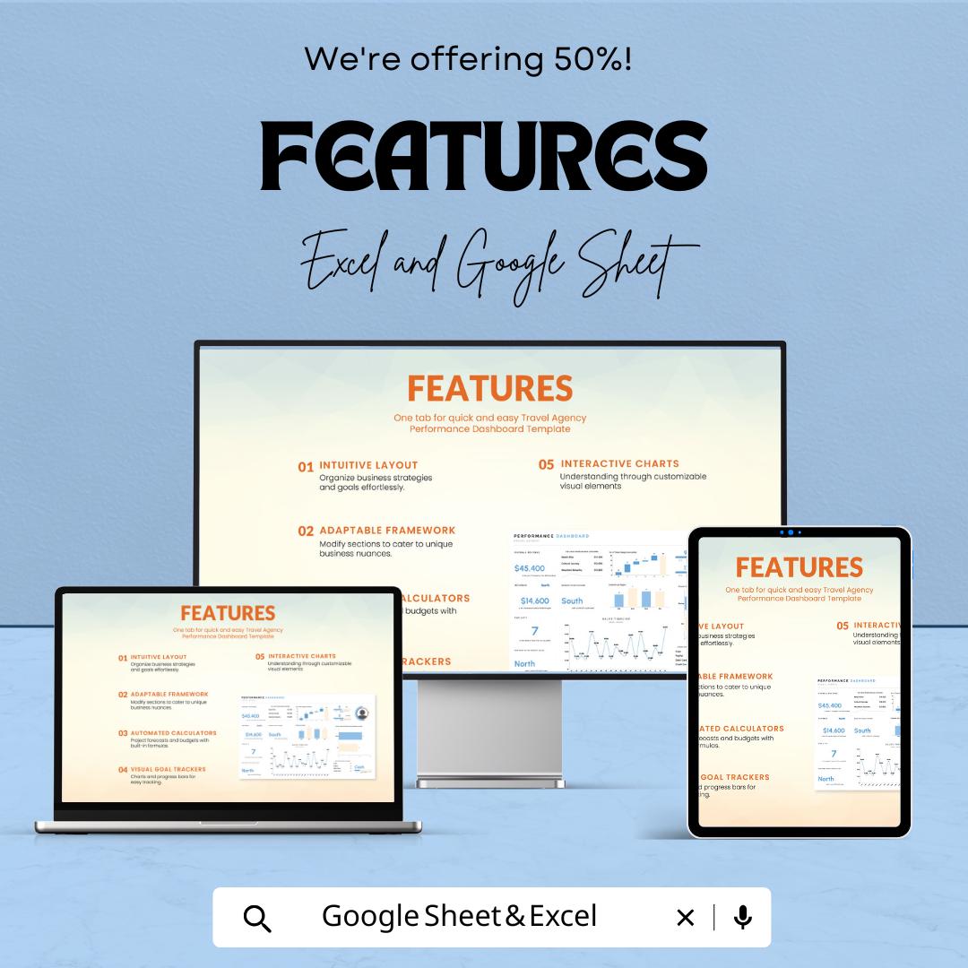 Travel Agency Performance Dashboard Template - Excel & Google Sheets - Track Revenue, Sales, and Customer Insights