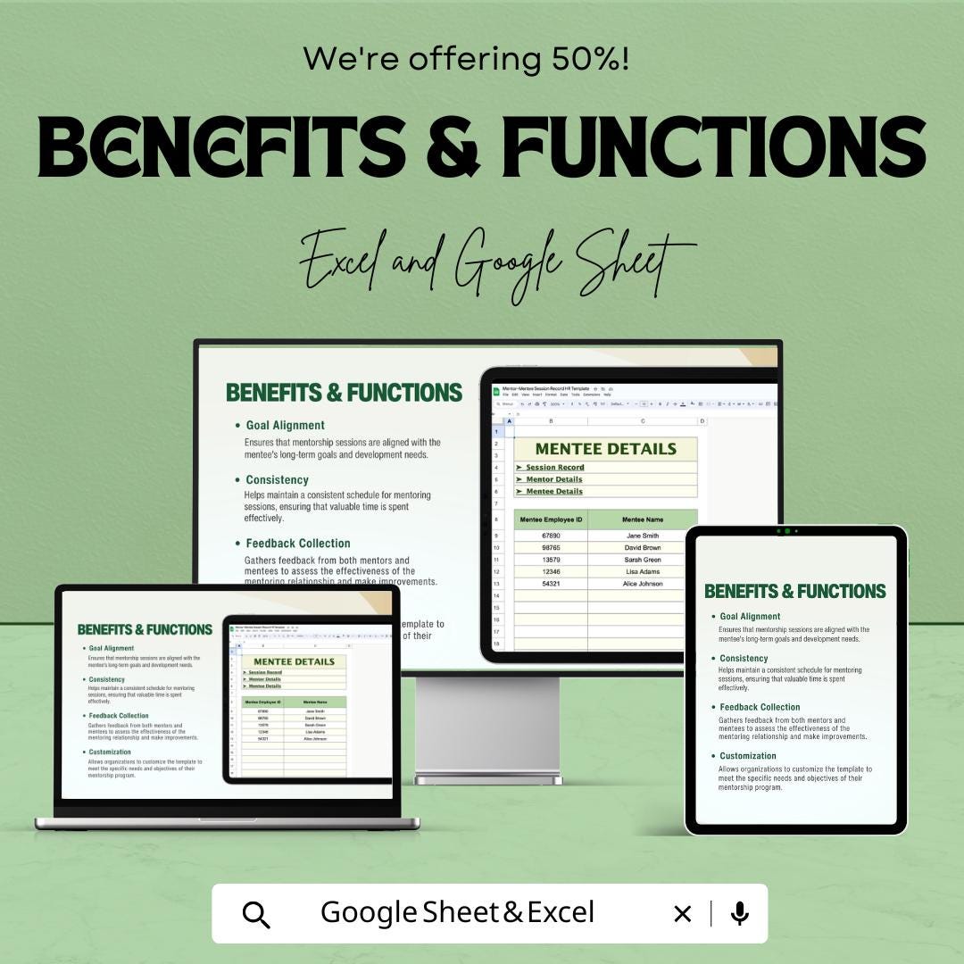 Mentor Mentee Session Record Template, HR Mentorship Tracker, Employee Coaching Log, Excel & Google Sheets Mentoring Spreadsheet