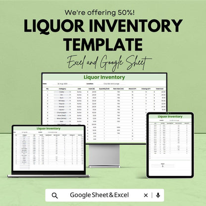 Liquor Inventory Template Excel & Google Sheets | Bar Inventory Spreadsheet | Alcohol Stock Tracker | Liquor Stock Management Log