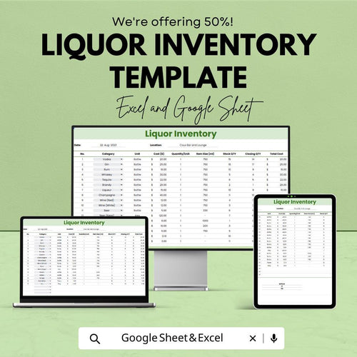 Liquor Inventory Template Excel & Google Sheets | Bar Inventory Spreadsheet | Alcohol Stock Tracker | Liquor Stock Management Log