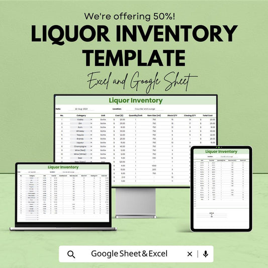 Liquor Inventory Template Excel & Google Sheets | Bar Inventory Spreadsheet | Alcohol Stock Tracker | Liquor Stock Management Log