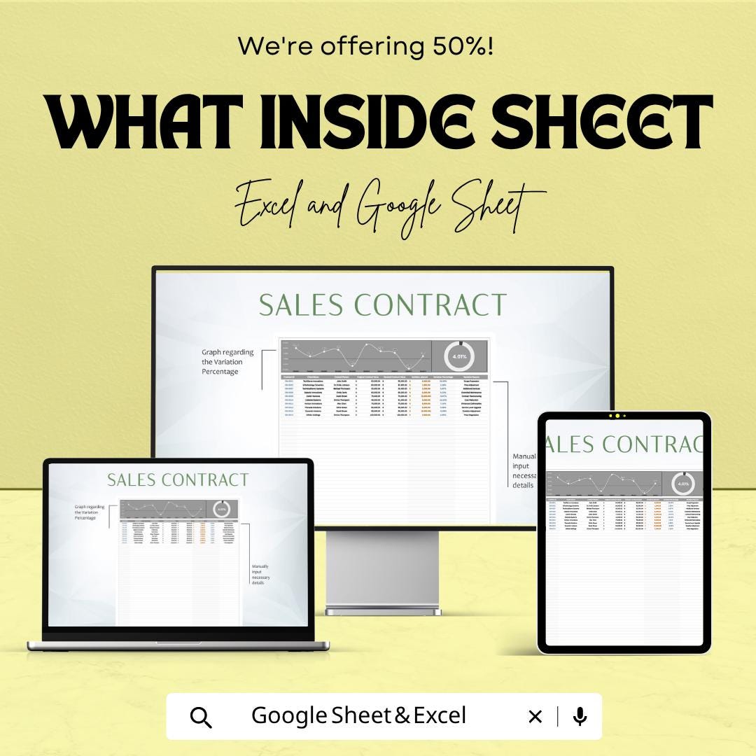 Sales Contract Variation Analysis Tool Excel Google Sheets | Contract Tracker Spreadsheet | Sales Analysis Dashboard | Contract Management