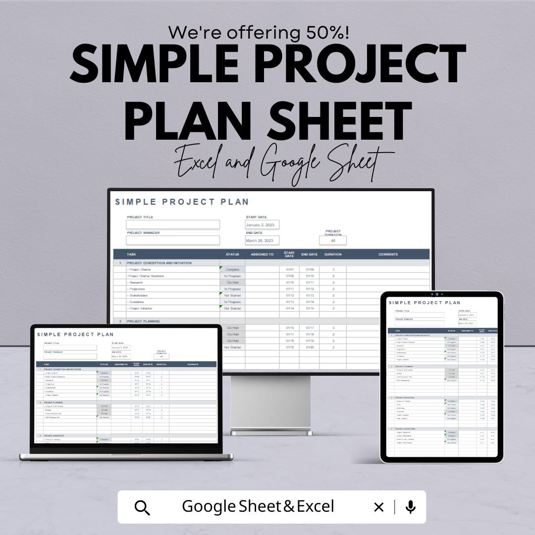Simple Project Plan Sheet | Excel and Google Sheets Template | Project Management Planner | Task Tracker | Milestone & Budget Planner |