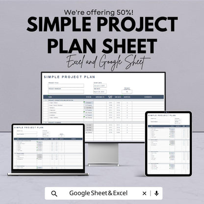Simple Project Plan Sheet | Excel and Google Sheets Template | Project Management Planner | Task Tracker | Milestone & Budget Planner |
