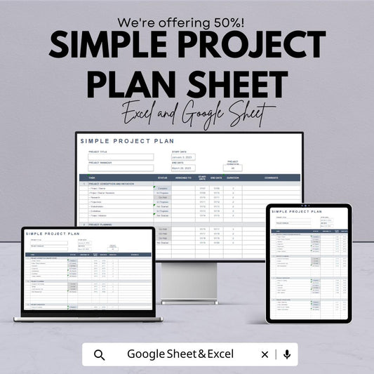 Simple Project Plan Sheet | Excel and Google Sheets Template | Project Management Planner | Task Tracker | Milestone & Budget Planner |