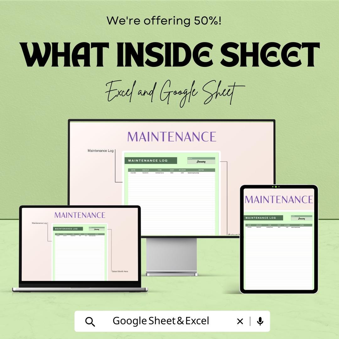Vehicle Maintenance Log Sheet | Google Sheets and Excel Template for Car, Truck, or Fleet Maintenance | Track Service & Repairs