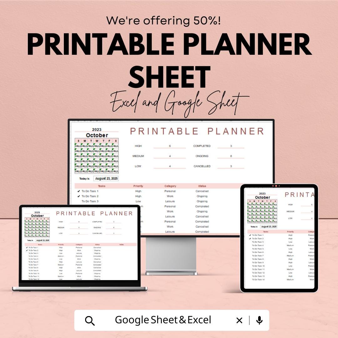Printable Planner Sheet | Excel and Google Sheets | Task Organizer | Customizable Planner Template | Goal-Setting & Time Management