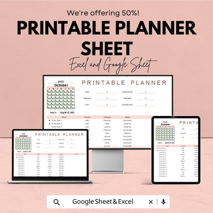 Printable Planner Sheet | Excel and Google Sheets | Task Organizer | Customizable Planner Template | Goal-Setting & Time Management