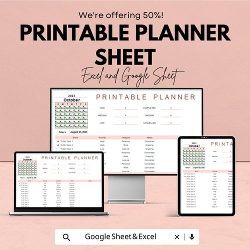 Printable Planner Sheet | Excel and Google Sheets | Task Organizer | Customizable Planner Template | Goal-Setting & Time Management