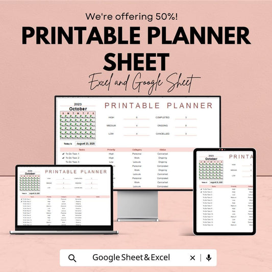Printable Planner Sheet | Excel and Google Sheets | Task Organizer | Customizable Planner Template | Goal-Setting & Time Management