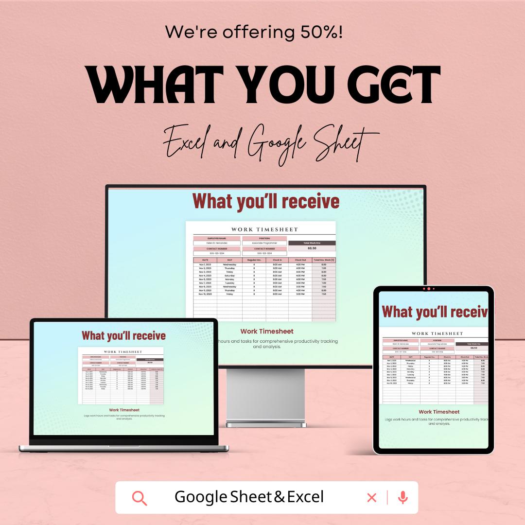 Work Timesheet Sheet for Employee Hours | Track Work Hours, Overtime, and Payroll | Excel and Google Sheet Template