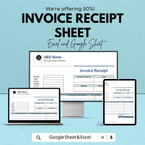 Invoice Receipt Sheet for Excel & Google Sheets – Customizable Template for Business Use, Printable Invoice, Invoice Generator,