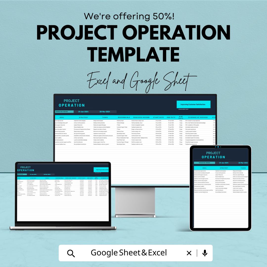 Project Operation Template, Project Management Excel Sheet, Operations Tracker, Google Sheets Project Planner, Task Timeline Dashboard