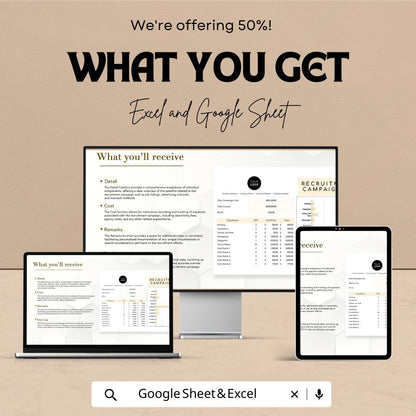 Recruitment Campaign ROI Calculator, HR Hiring Cost Template, Recruitment Budget Tracker, Hiring ROI Spreadsheet, Excel Google Sheets