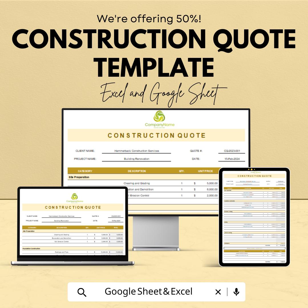 Construction Quote Template | Building Estimate Sheet | Google Sheets & Excel Quotation Form | Contractor Cost Estimate Template