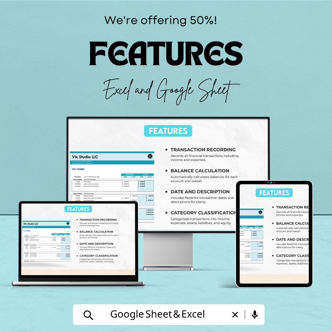 LLC Ledger Template Excel Google Sheets | Business Accounting Spreadsheet | General Ledger Template | Small Business Bookkeeping |