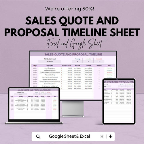 Sales Quote & Proposal Timeline Sheet | Google Sheets Template | Track Quotes, Proposals and Milestones | Customizable Project Management