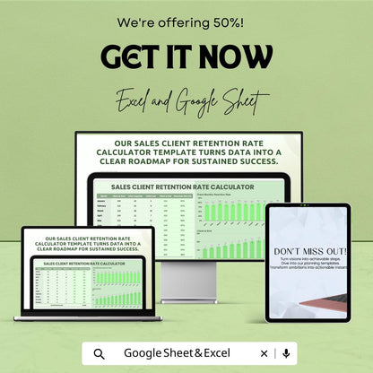 Sales Client Retention Rate Calculator Template | Customer Retention Tracker | Monthly Retention Dashboard | Excel & Google Sheets