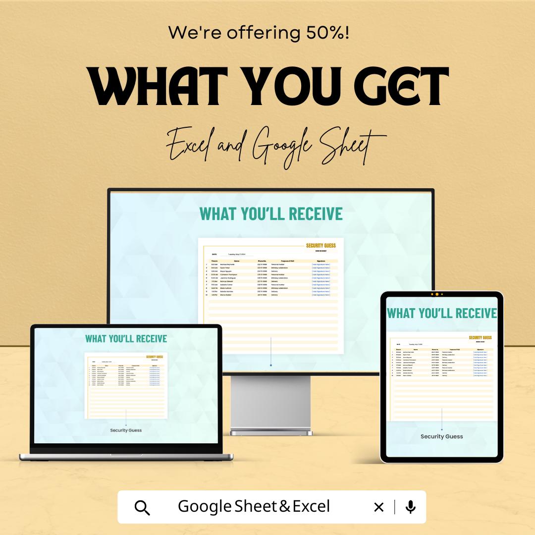 Security Guest Sign-in Sheet | Google Sheets Template | Track Visitor Details | Sign-In Log for Premises Security | Event Guest Management