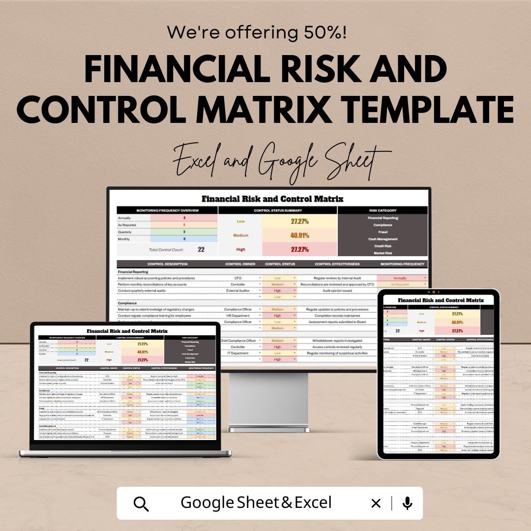 Financial Risk and Control Matrix Template, Risk Assessment Spreadsheet, Internal Control Tracker, Compliance Risk Log