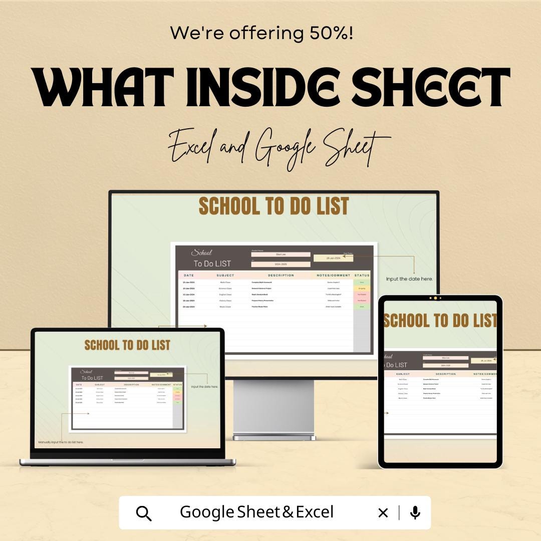 School To Do List Sheet | Student Task Planner in Excel and Google Sheets | Assignment & Homework Tracker