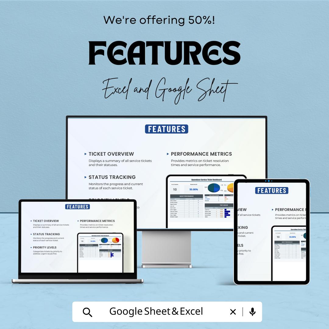 Operations Service Ticket Dashboard | Excel & Google Sheets | Helpdesk Tracker | Performance Metrics Sheet | Issue Resolution Log